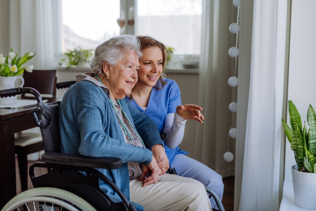 Portrait of nurse and her senior client on wheelchair looking out of window.